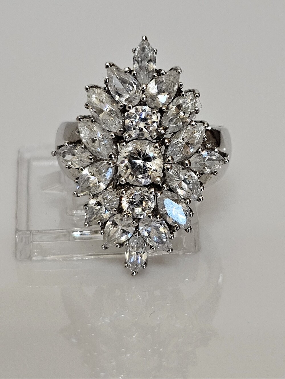 Vintage Waterfall Diamond Simulant Cluster Ring Sterling Silver Size 7!